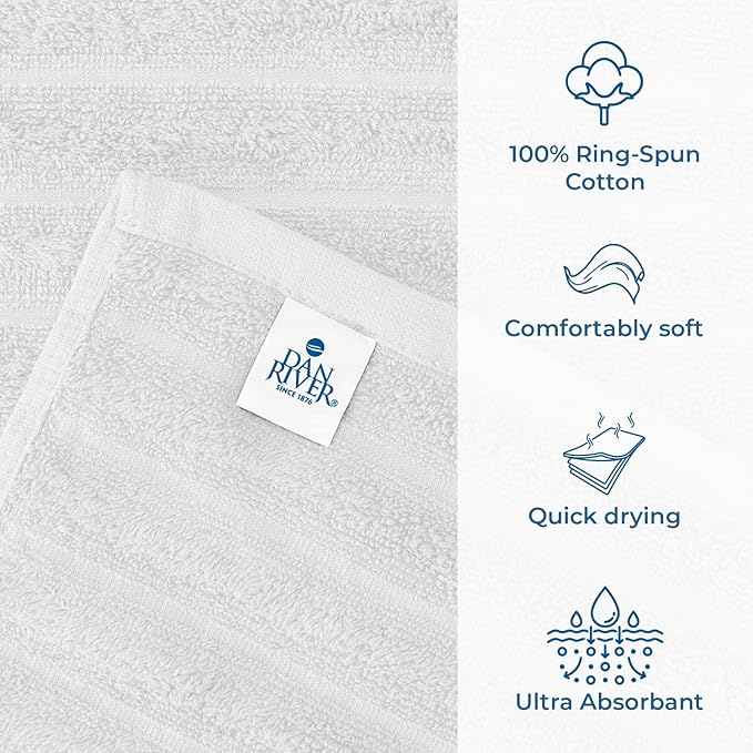 DAN RIVER Pack of 2 Bath Sheet 35x70 Inches, Super Soft Quick Dry Ribbed Cotton Towels, Luxury Oversized White Bath Towels