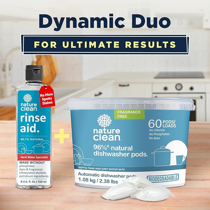 Nature Clean All Natural Dishwasher Rinse Aid Cleaner, Liquid Dishwasher Rinse Agent for Spot-Free Glass & Cutlery in Hard Water, Non Toxic Dish Washer Rinse Aid & Stain Remover, 8 oz/250ml, Pack of 4