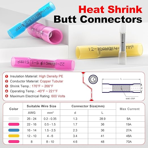 AIRIC Heat Shrink Butt Connectors 8 AWG, Insulated Marine Grade Connector - Image 2