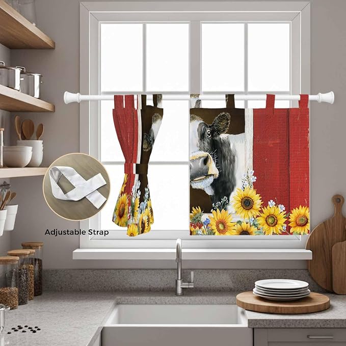 Cows Sunflowers Kitchen Curtains 36 Inch Length, Small Window Curtains Tab Top - Image 5
