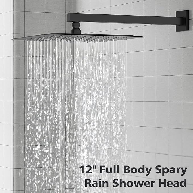 Gabrylly Shower System Black, Rainfall Shower Faucet Set Complete, 12" High-Pressure Stainless Steel Rain Showerhead with handheld Shower Spray Combo, 2 Way Valve Included, Matte Black