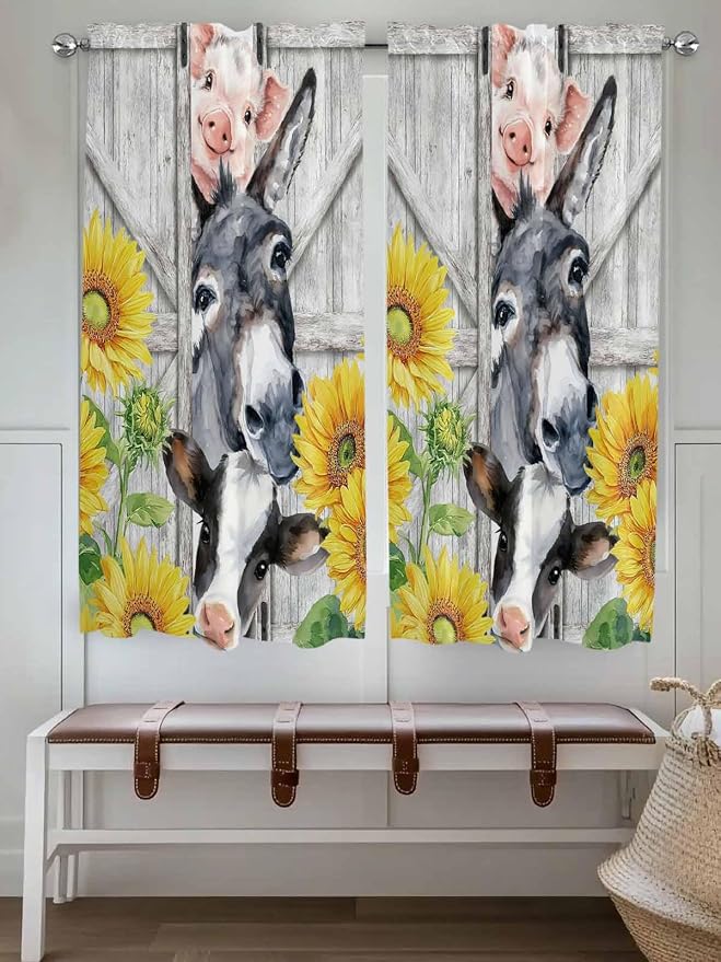 Farmhouse Bedroom Curtains 63 Inches length, Watercolor Sunflowers Animals - Image 4