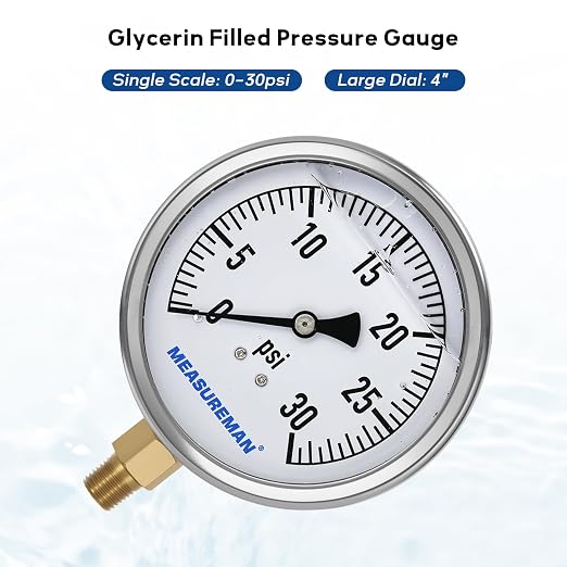 MEASUREMAN Glycerin Filled Plumbing Pressure Gauge 0-30psi Stainless Steel Case - Image 2