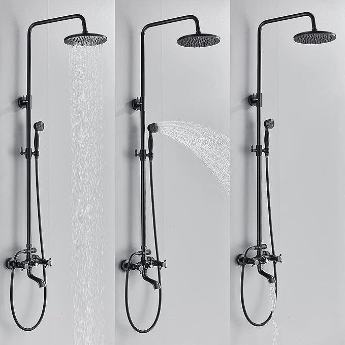 NeierThodore Oil Rubbed Bronze Shower Faucet Set Complete Shower System 8 Rain Shower 2 Cross Knobs Wall Mounted Mixer Bathroom Shower Tub Tap Bathroom Fixtures Wall Mount