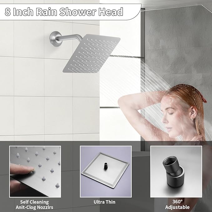 Bathroom Rainfall Shower System Wall Mount 8 Inch Shower Head With Handled Spray 6 Pcs jets Temperature Display Shower Faucet Set (Brushed Nickel)