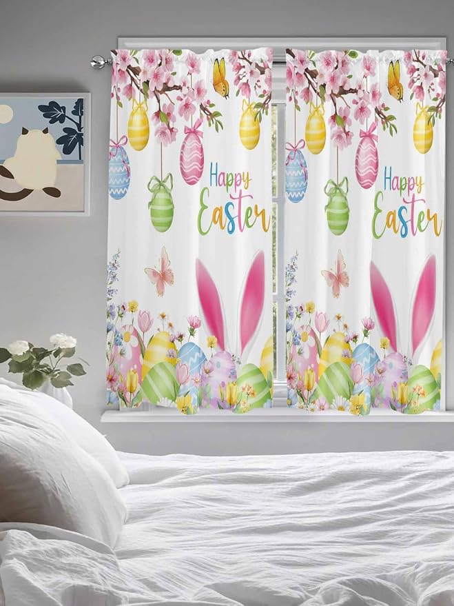 Happy Easter Bedroom Curtains 63 Inches length, Spring Watercolor Bunny Eggs - Image 5