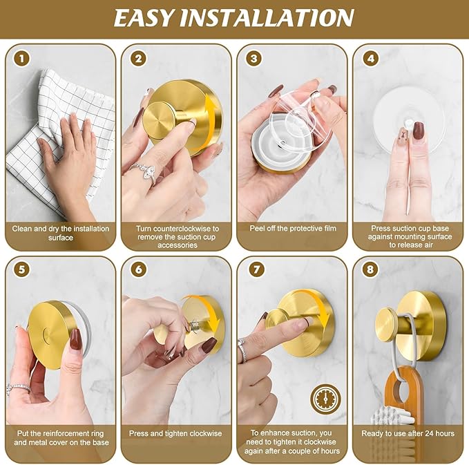BKV Suction Cup Hooks for Glass Window,Removable Shower Hooks for Inside Shower,Metal Towel Hooks for Bathrooms,2 Pack(Gold)