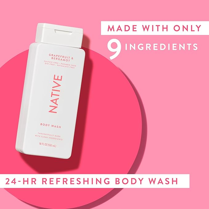 Native Body Wash Contains Naturally Derived Ingredients | For Women & Men, Sulfate, Paraben, & Dye Free Leaving Skin Soft and Hydrating | Grapefruit & Bergamot 18 oz - 2 Pk