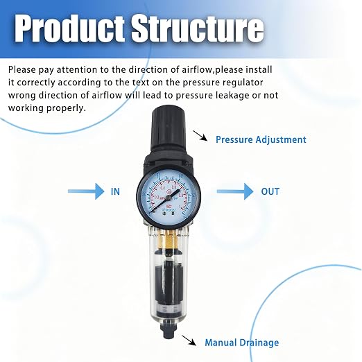 HengMinLingTong 1/4" NPT Compressed Air Filter Regulator Combo Piggyback - Image 3