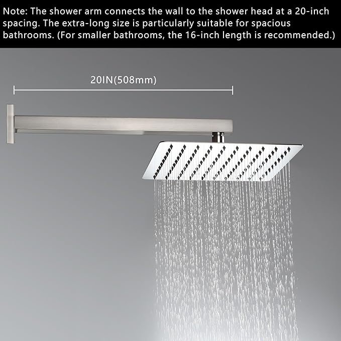 Voolan 20" Square Shower Arm with Flange and Teflon Tape, Extension Shower Head Arm for Bathroom Fixed Shower Head, Solid Stainless Steel, Wall Mounted (Brushed Nickel)