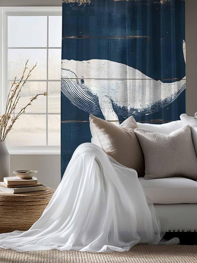 Sheer Curtains 72 Inches Long, Ocean Whale Blue Semi Sheer Curtains Light - Image 4
