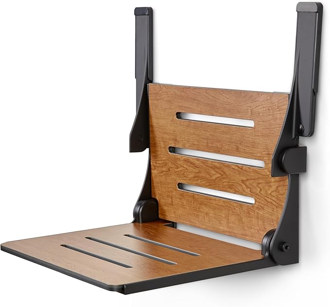 Seachrome Silhouette Comfort Folding Wall Mount Shower Bench Seat with Arms, Rustic Teak Seat with Matte Black Frame