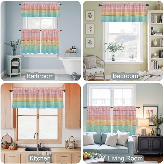 Kitchen Window Curtains Valance and Tier Set, Farm Colorful Wooden Plank Rod - Image 7