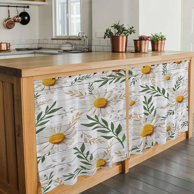 Spring Daisy Tier Curtains, Farmhouse Country Flower Leaf Plant Wood Grain - Image 7