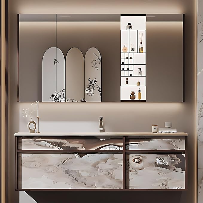 52IN Modern Bathroom Vanity with Sink - Bathroom Vanity with 2 Drawer Organizer, LED Mirror Lights & Defogging Function | Wall - Mounted Vanity with Silver Sink Faucet