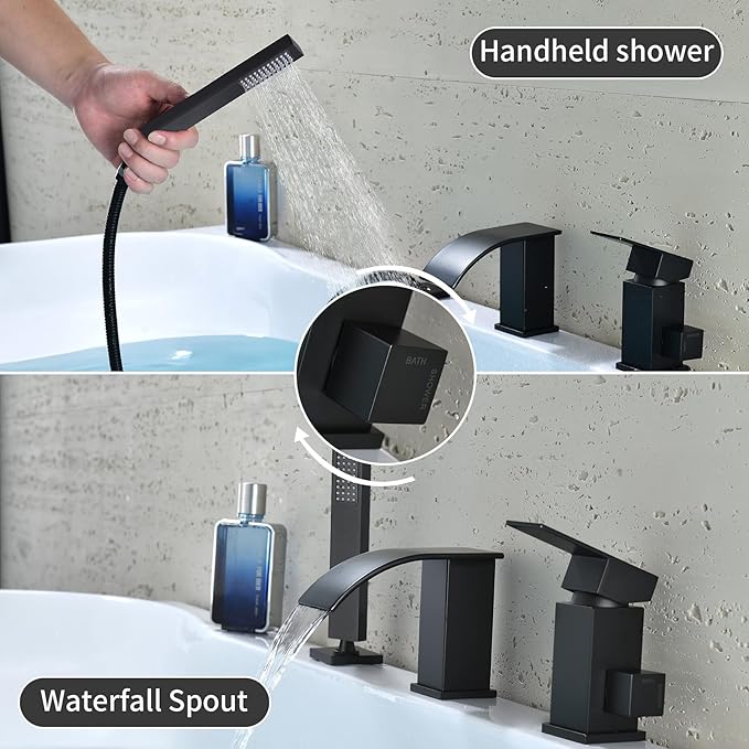 TapLong Waterfall Roman Tub Faucet with Hand Shower, Deck Mount 3 Hole Bathtub Faucet Set High Flow Bath Tub Faucet Set Deck Mount Solid Brass, Matte Black,03766B
