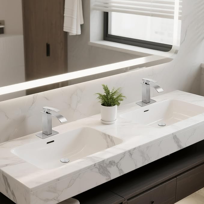 Bathroom Faucets Brushed Nickel Waterfall Bathroom Sink Faucet Modern Single Handle Bathroom Faucet for 1 or 3 Hole Mxier Tap Washbasin Faucet with Deck, Pop-up Drain and Supply Hoses 2 Pack