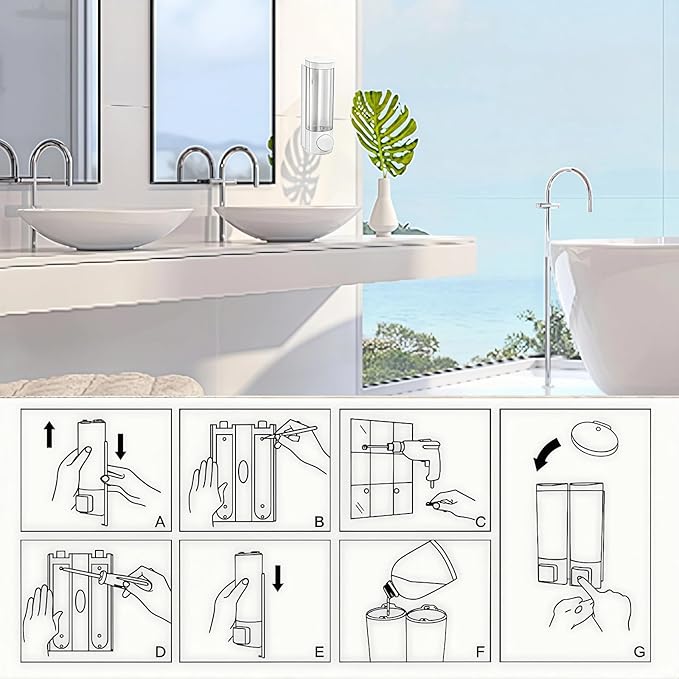 White Manual Bathroom Wall Mounted Soap Dispenser, 10oz/300ml Single Bathroom Shampoo and Conditioner Dispenser, Clear Plastic Refillable Liquid Lotion Pump Dispenser and Organizer
