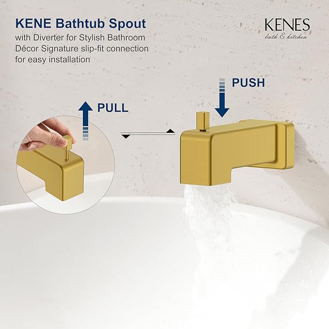 KENES Brushed Gold Tub and Shower Trim Kit, Square Tub Shower Faucet Set Complete with 6-Inch Rainfall Shower Head and Tub Spout, KE-6025A-4 (Shower Valve Included)