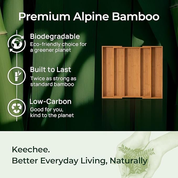 Carbonized Bamboo Kitchen Drawer Organizer, 5 Slots Expandable Silverware Organizer, Utensil Holder & Cutlery Tray, 2.2" Deep for Extra Capacity, Non-Slip Feet Included