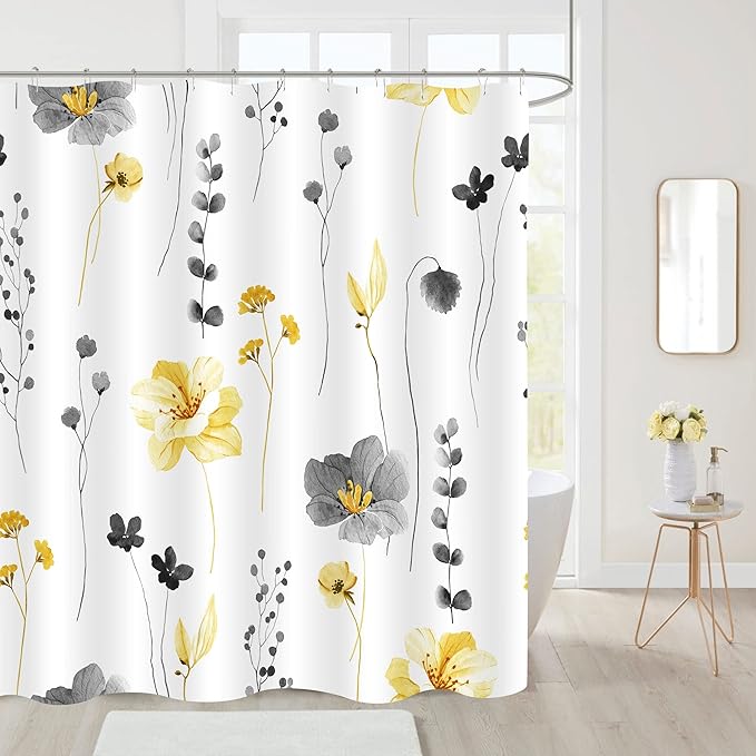 Gibelle Long Shower Curtain 72 x 78, Watercolor Floral Fabric Shower Curtain, Yellow Grey Flower Decorative Bathroom Shower Curtain Set