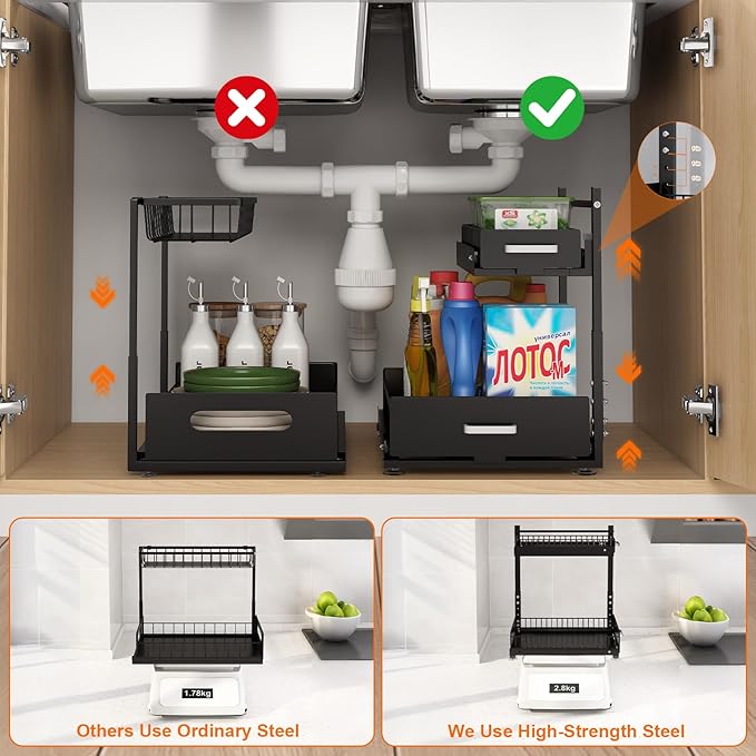 Under Sink Organizer,2 Tier Slide Out Kitchen Cabinet Organizers with Pulley,Under Bathroom Sink Pull Out Organizer with Multiple Height Adjustments for Kitchen and Bathroom Cabinets(Black)