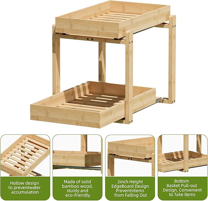 2 Pack Under Sink Organizer, Bamboo Wooden 2-Tier Pull-Out Storage with Sliding Drawers for Kitchen and Bathroom Cabinets, Easy Installation (Natural, 2 Packs)