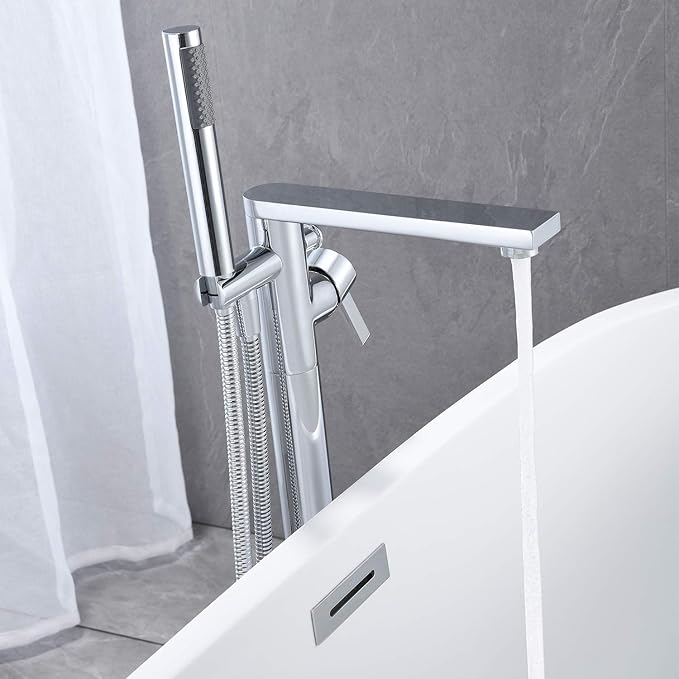Freestanding Bathtub Faucet Tub Filler Chrome Floor Mount Brass Single Handle Bathroom Faucets with Hand Shower