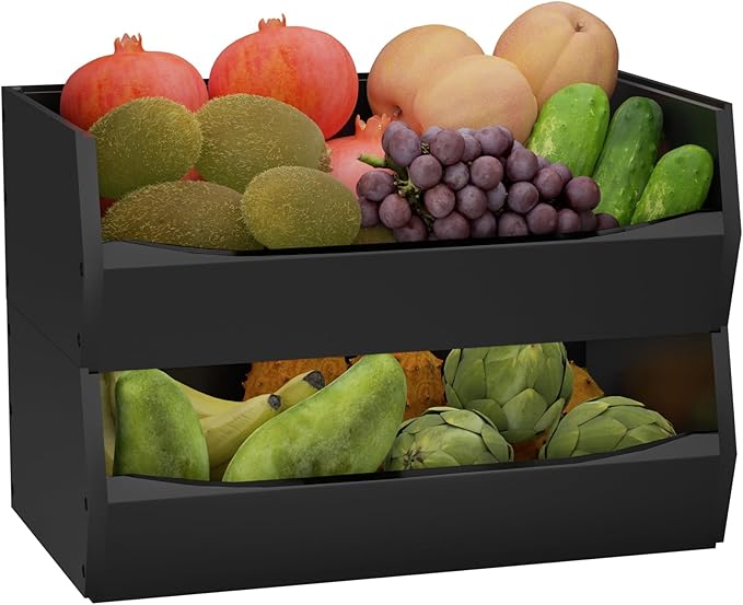 2 Set Open Front Stackable Storage Bins, Bamboo Stacking Storage Bins Food Vegetable Makeup Containers, Organizer Bins for Kitchen, Bathroom, Office, Cabinet, Countertop Storage (Long Black)