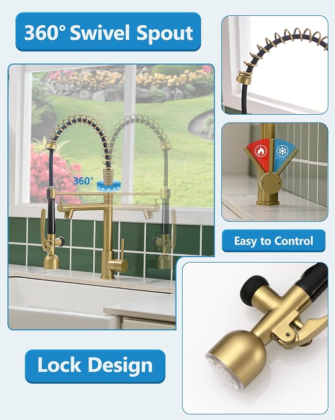 Fapully Single Handle High Arc Brushed Gold Pull Down Kitchen Faucet LED - Image 5