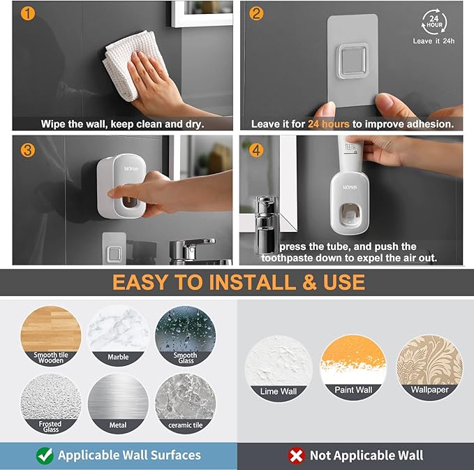 MOPMS Toothpaste Dispenser Wall Mounted for Bathroom Automatic Toothpaste Squeezer for Kids and Adult (Black-1Pcs)