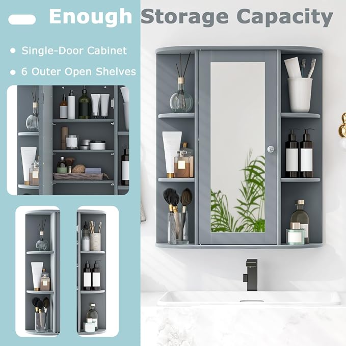 COSTWAY Wall Mounted Bathroom Cabinet - Storage Organizer with Mirror Door, Adjustable Shelves & 6 Open Racks, Space-Saving Hanging Medicine Cabinet for Living Room Kitchen Entryway (Gray)