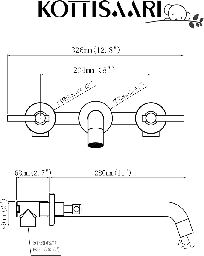 Wall Mount Tub Filler,Two Handle Bathtub Faucet, Extra Long Spout Reach with High Water Flow, Brass Rough in Valve Included,Chrome