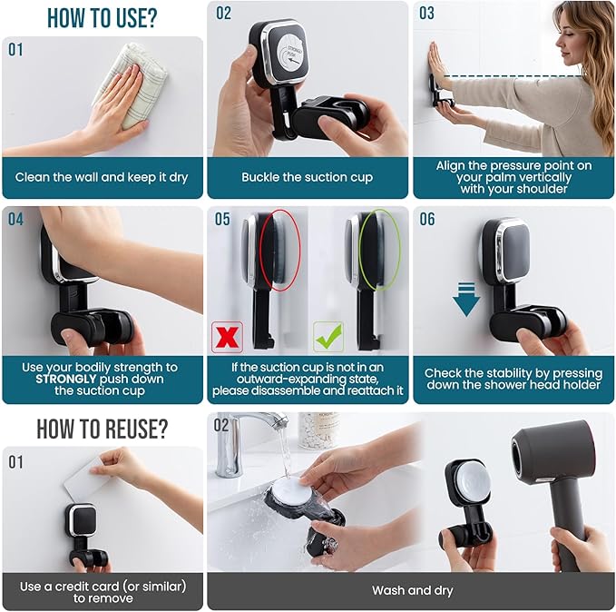TAILI Suction Cup Shower Head Holder Handheld Showerhead Bracket Adjustable Shower Holder, Removable Handheld Showerhead & Wall Mounted Suction Bracket