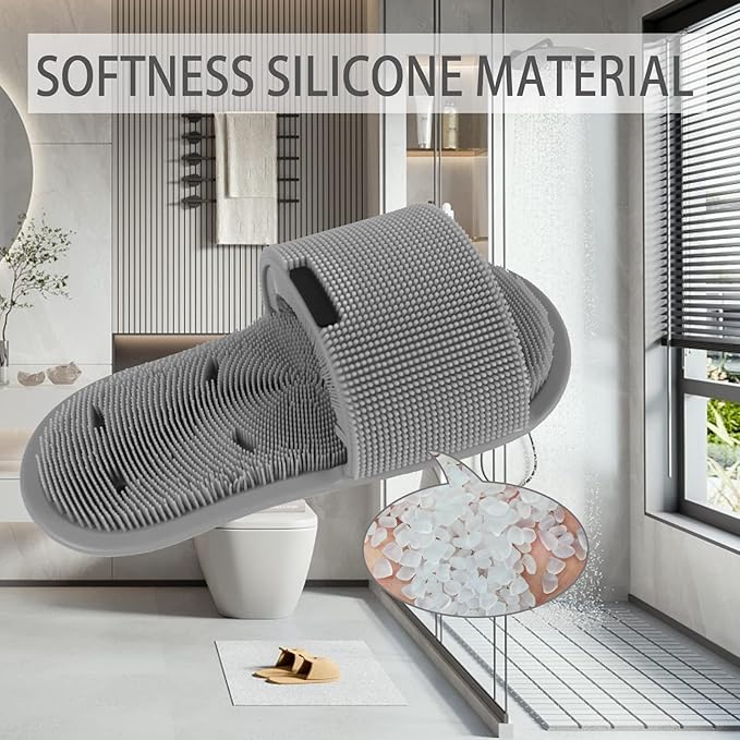 Shower Foot Scrubber with Non-slip Suction Cups, Silicone Bristle Shower Foot Cleaning Brush Slipper for Spa Massager Exfoliating Dead Skin Remover (1 PCS) (Gray)