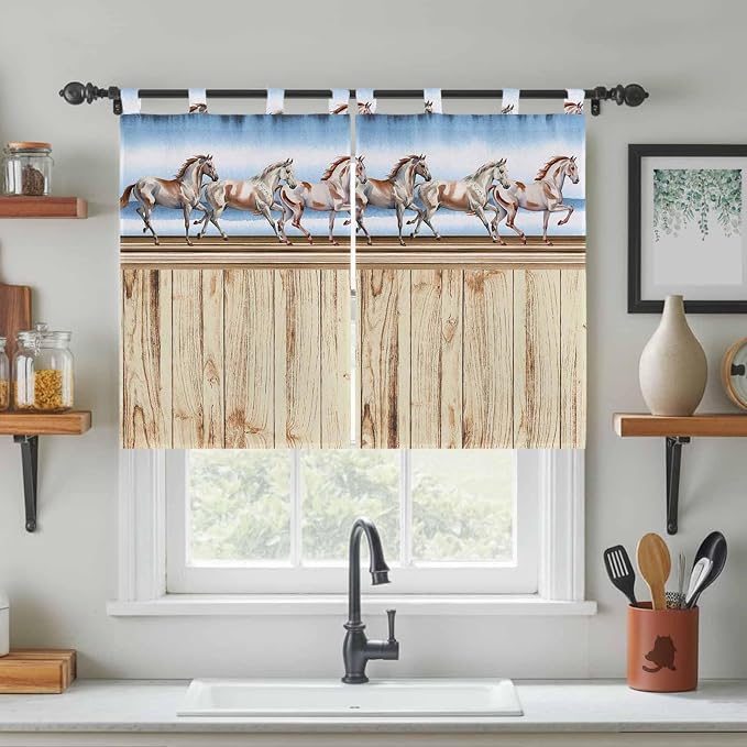 Western Horse Kitchen Curtains 45 Inch Length, Short Cafe Window Curtains Tab - Image 3