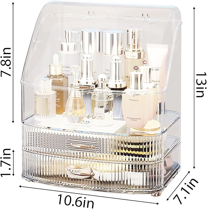 Makeup Organizer Countertop Vanity with Transparent Lid Drawers Waterproof Dustproof Cosmetic Skincare Bathroom Storage Gift for Women Teens Girls (Clear Whtie)