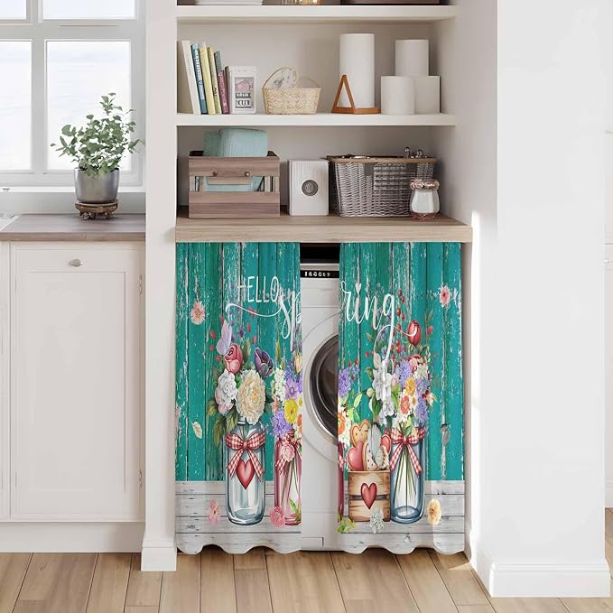 Spring Flowers Kitchen Curtains, Farmhouse Watercolor Teal Wood Grain Light - Image 7
