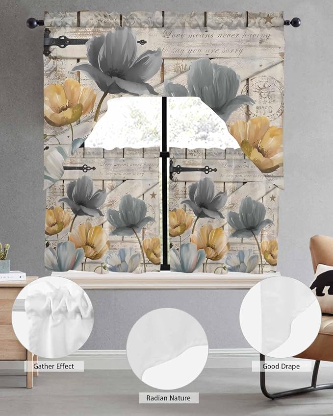 Vintage Tulip Swag Kitchen Curtains Valance and Tier Set, Farmhouse Retro Blue - Image 5
