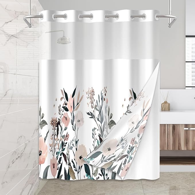 No Hook Shower Curtain Set with Snap in Fabric Liner for Bathroom,with See Through Top Window,Double Shower Curtain with Detachable Liner Replacement,Machine Washable,Chinese Rose,71"x 74"