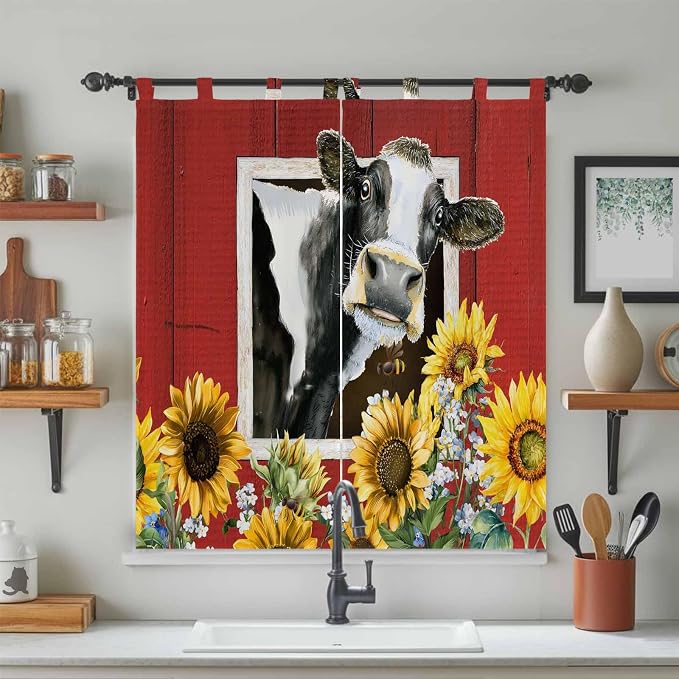Cows Sunflowers Bedroom Curtains 72 Inch Length, Window Curtains Tab Top - Image 3