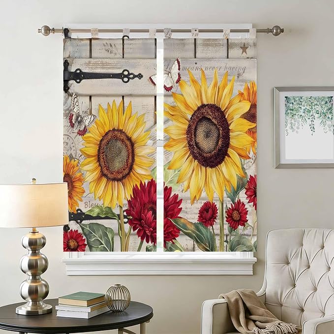 Red Yellow Sunflowers Bedroom Curtains 72 Inch Length, Window Curtains Tab Top - Image 2
