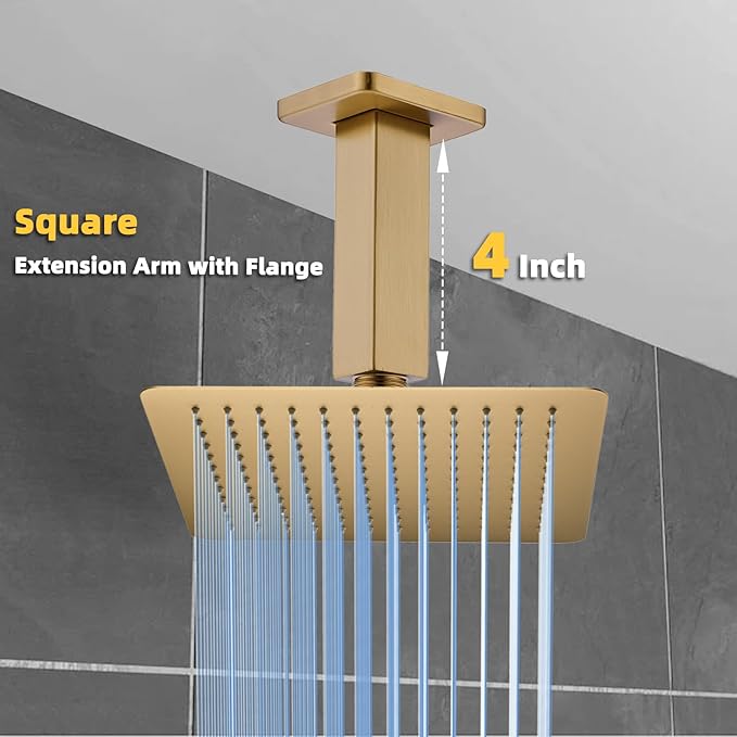 4 Inch Shower Arm with Flange, Ceiling Mounted Square Shower Head Extension Arm, 1/2 NPT Straight Arm for Rain Shower Head, Stainless Steel Shower Head Extension Replacement Pipe Arm, Brusheed Gold