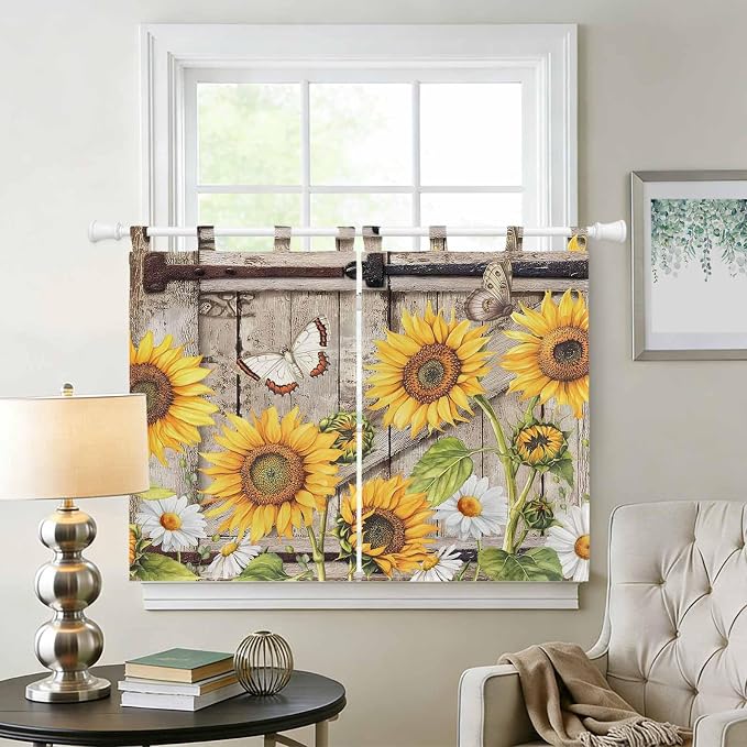 Farmhouse Sunflowers Kitchen Curtains 45 Inch Length, Short Cafe Window - Image 2