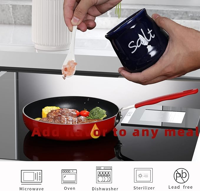 ONTUBE Ceramic Salt Bowl with Lid and Spoon 12oz White (Navy)