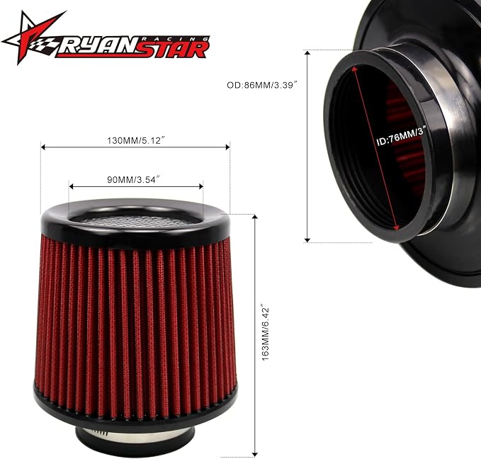 RYANSTAR RACING 76mm 3" High Flow Round Tapered Cone Cool Air Filter Cleaner - Image 2