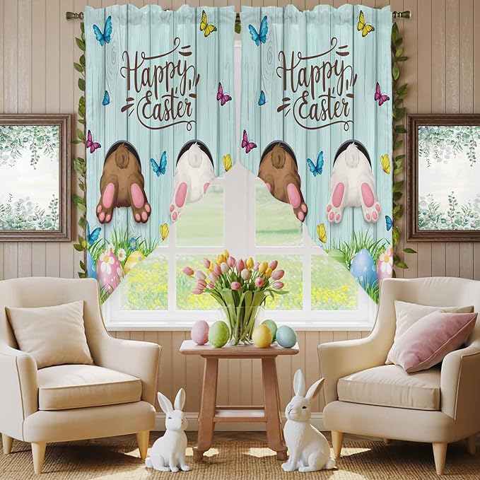 Swag Curtain Valances for Kitchen Windows, Happy Easter Bunny Butt Egg Floral by Unknown