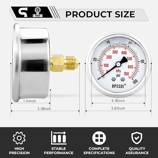 0-100Psi Glycerin Liquid Filled Low Pressure Gauge, 2.5" Dial Size, 1/4" G Back - Image 3