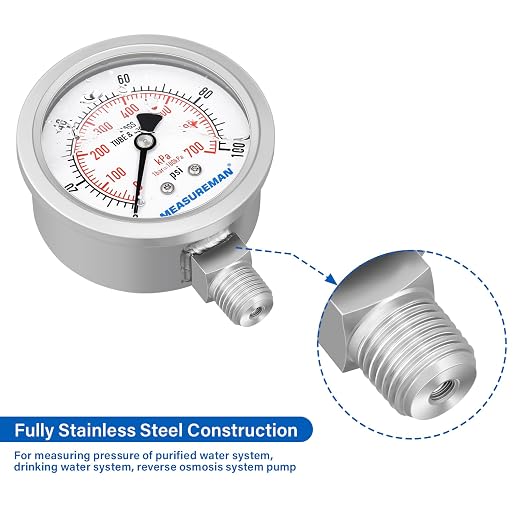 MEASUREMAN Pressure Gauge 1/4 NPT, 0-100psi/kPa Fully Stainless Steel Hydraulic - Image 5