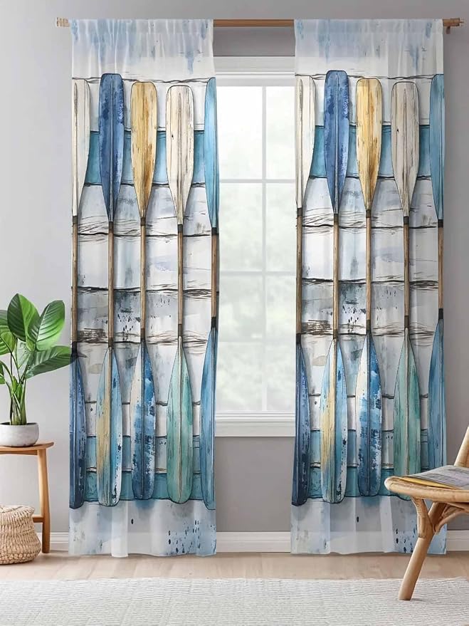 Sheer Curtains 84 Inches Long, Lake Paddle Striped Semi Sheer Curtains Light - Image 5